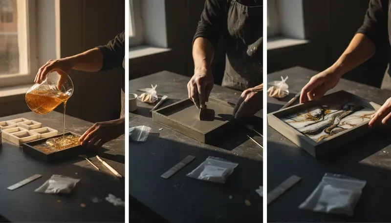 Production process in the studio — casting, finishing and quality check of resin and concrete decorative items